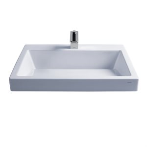 TOTO® Kiwami® Renesse® Design I Lavabo de salle de bain rectangulaire en argile réfractaire avec CEFIONTECT pour robinets de 8 pouces, coton blanc - LT171.8G#01